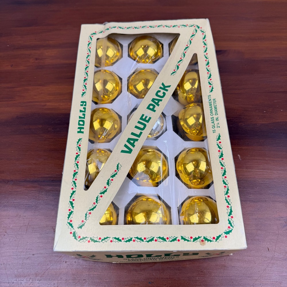 Holly Vintage Glass Christmas Ornaments 15 Pack Gold Silver 2.25 Inch #214/15